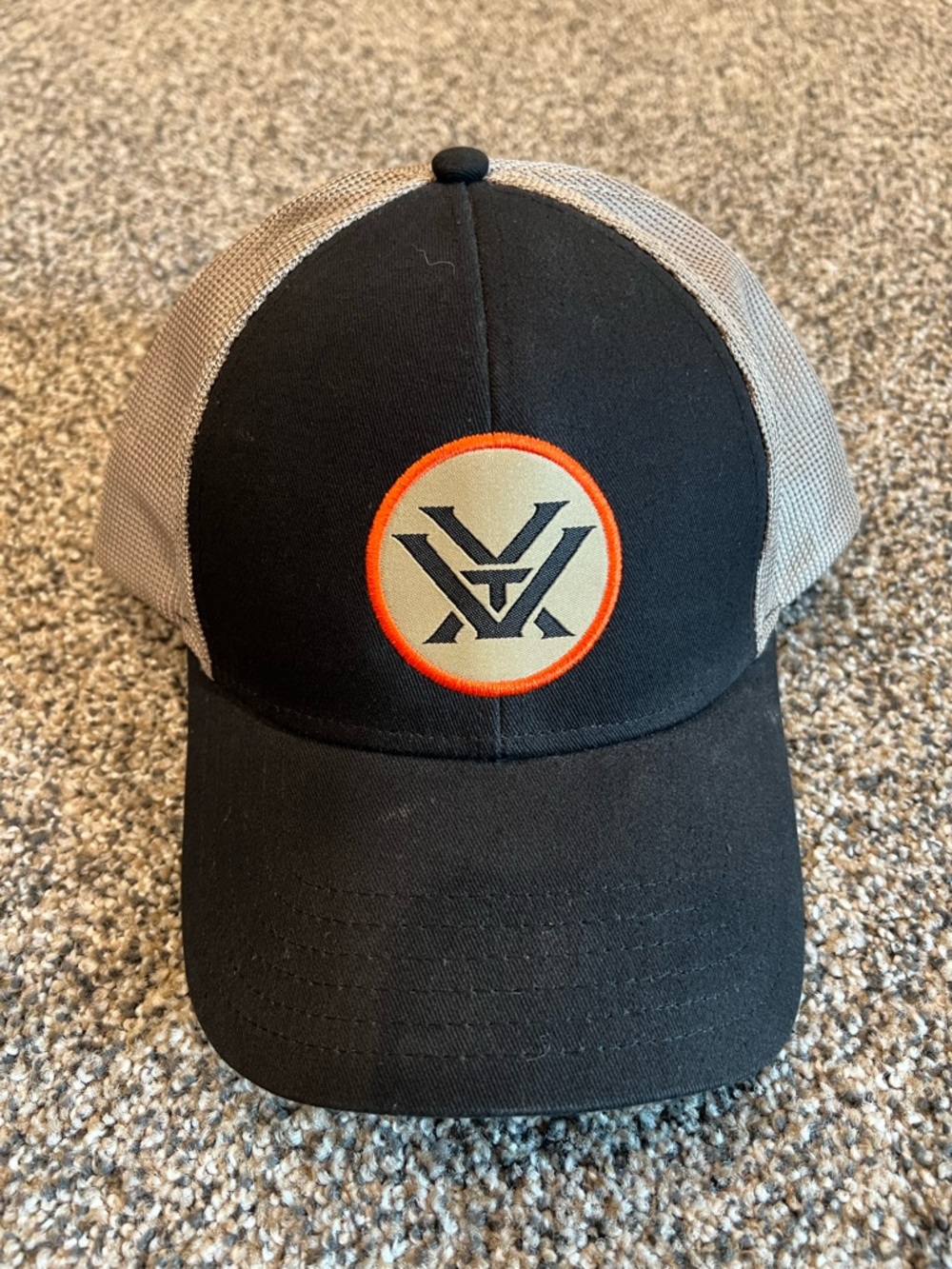 VORTEX Black and Tan Trucker Hat with Orange Logo Accent